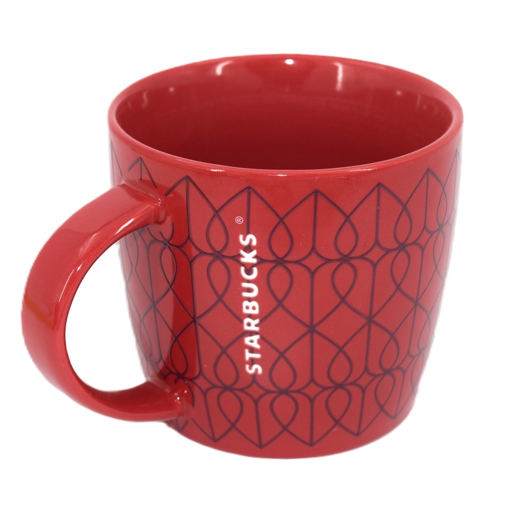Starbucks Coffee Mug 14oz Red Black Heart Lattice Ceramic Excellent Cup